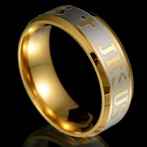New Stainless Steel Gold And White Jesus Ring